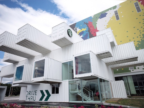 Kengo Kuma stacks shipping containers to create drive-through Starbucks in Taiwan