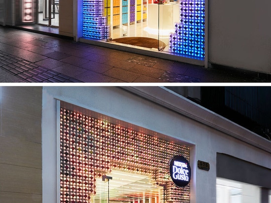 3,000 Coffee Capsules With Programmable LED Lights Have Been Used To Create This Retail Facade