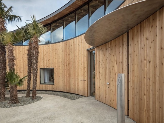 curved wood lattice roof hangs above nasca's blue sky nursery school in japan