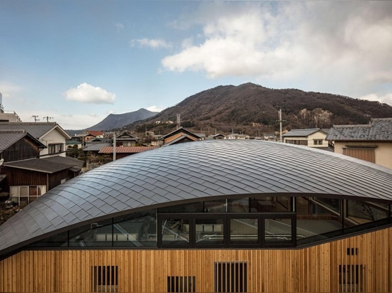 curved wood lattice roof hangs above nasca's blue sky nursery school in japan