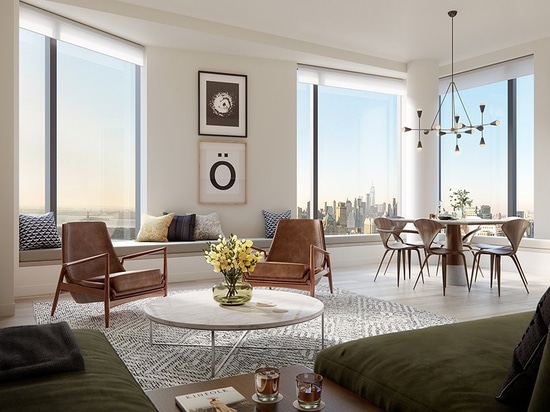 window nooks with built-in seating offer sweeping city views