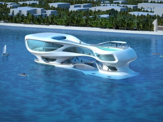 Flowing marine research center inspired by tsunami waves