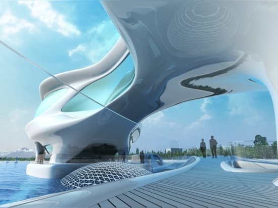 Flowing marine research center inspired by tsunami waves