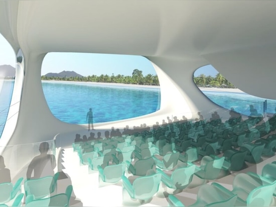 Flowing marine research center inspired by tsunami waves