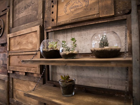 StudioY Design A Raw Dessert Bar Featuring Man-Made Trees And A Wall Of Rustic Produce Crates