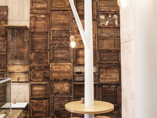 StudioY Design A Raw Dessert Bar Featuring Man-Made Trees And A Wall Of Rustic Produce Crates