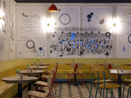 The new complex's ground floor cafe features mural depicting the history of cinema by artists Patrick Vale and Paul Davis