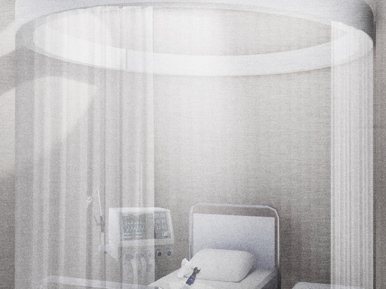 Each hospital bay would include a single bed, tray table, hospital monitor and sink