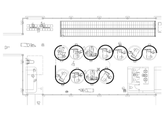 In the proposal, airport seating areas at gates would be replaced with the rows of hospital bays