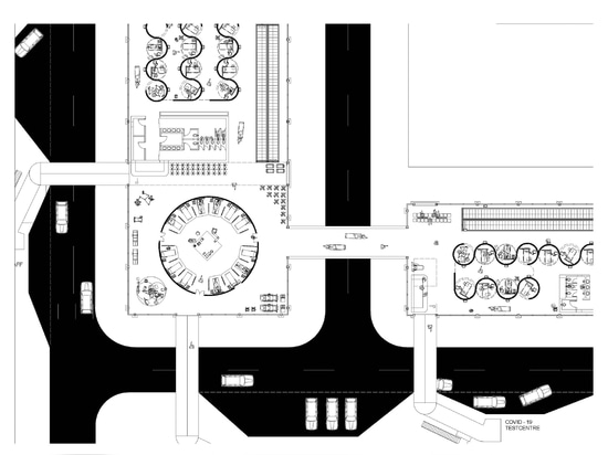 The runways and roadways outside the airport would become makeshift test centres for drive up Covid-19 testing