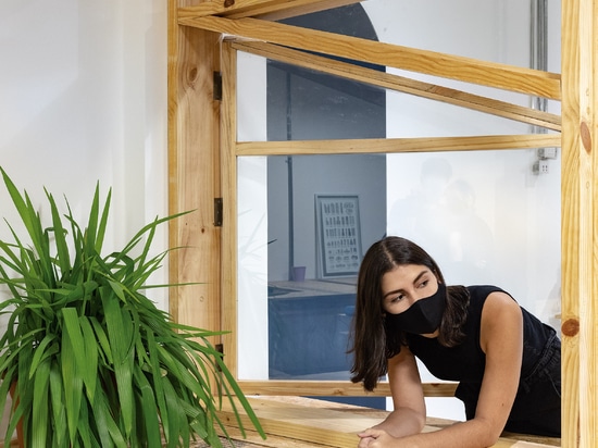 Pine-and-glass shelving encloses office in Ecuador