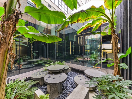 Concrete benches in the courtyard garden