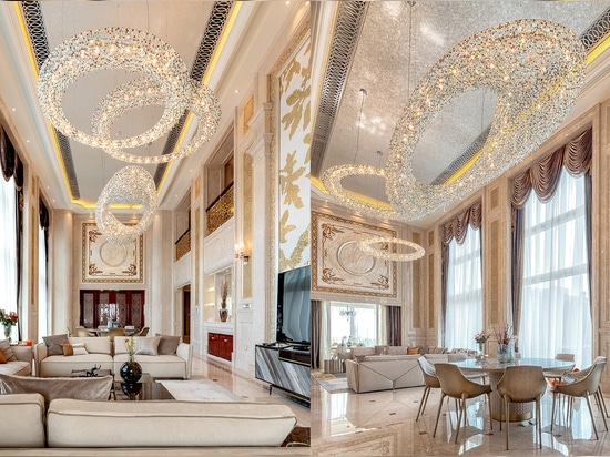 GRANDIOSE CRYSTAL CHANDELIER CLUSTER IN A LUXURY INTERIOR