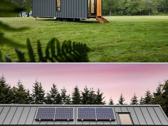 Metal Siding, Solar Panels, And Birch Plywood Have Been Used In The Design Of This Tiny House With A Gabled Roof