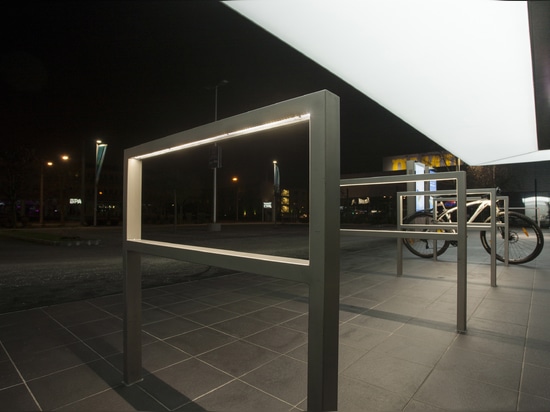 Bicycle rack made of stainless steel with integrated LED-strip