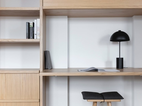 The apartment's built-in storage includes a folding desk