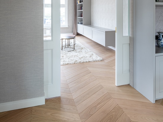 Dennebos Flooring Chevron in prime grade oak, pre-lacquered.