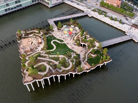 Little Island features a park with a landscape that undulates over the Hudson River