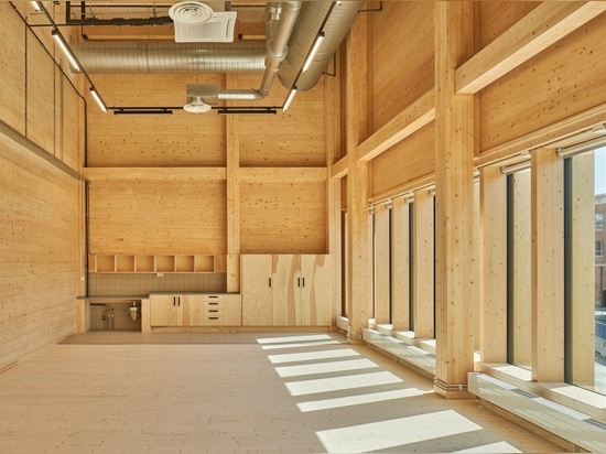 the hotel is built up from prefabricated 3D-modules in cross laminated timber (CLT)