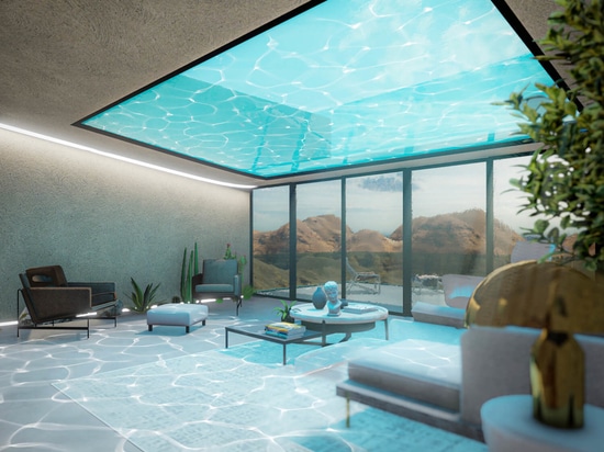 the swimming pool casts mesmerizing rippling visuals within the interior