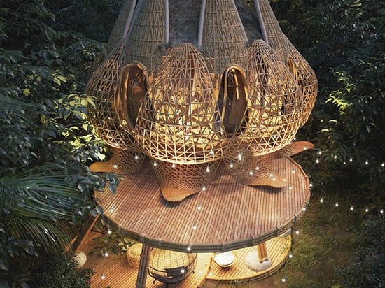 Lotus flower-like interwoven bamboo volumes shape Thilina Liyanage's dreamy getaway villas