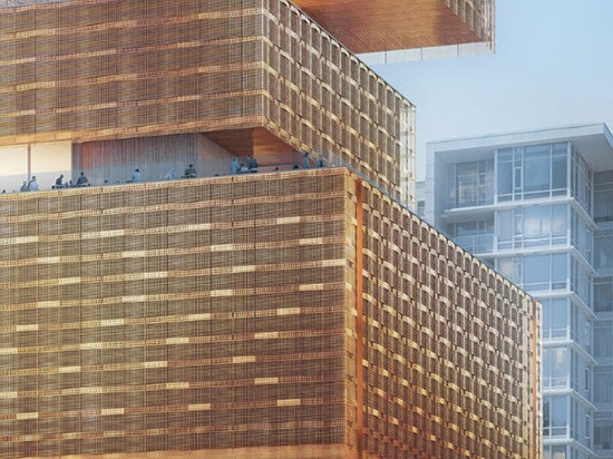 the extruded façades feature a woven copper-toned metal