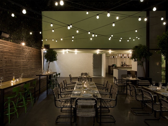 outdoor dining space at night