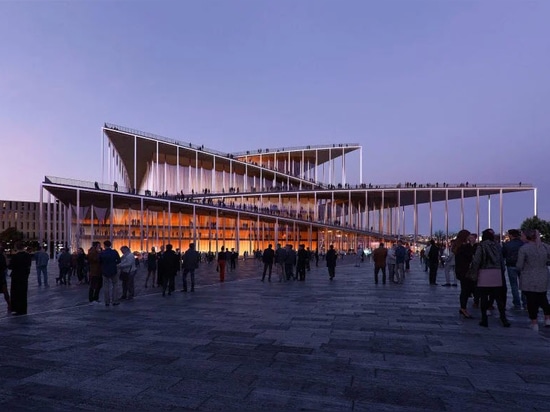 Renders show the concert hall with protruding angular terraces