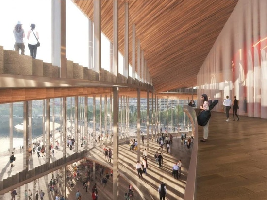 Renders show that timber will stretch throughout the interior of the Vltava Philharmonic Hall