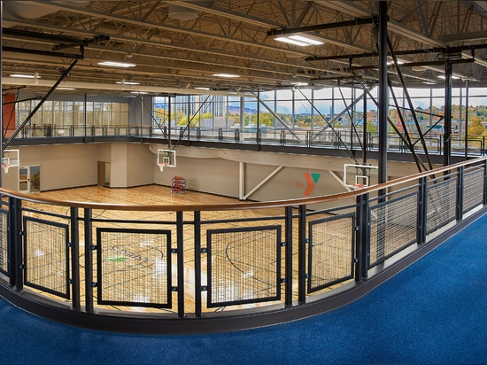 Woodson YMCA in Wausau, Wisconsin uses Banker Wire's SJD-2 woven wire mesh in stainless steel and U-Edge as railing infill panels throughout.