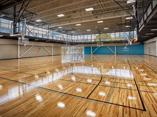 Woodson YMCA in Wausau, Wisconsin uses Banker Wire's SJD-2 woven wire mesh in stainless steel and U-Edge as railing infill panels throughout.