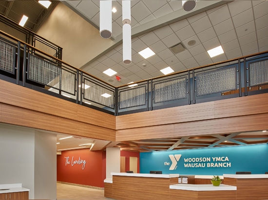 Woodson YMCA in Wausau, Wisconsin uses Banker Wire's SJD-2 woven wire mesh in stainless steel and U-Edge as railing infill panels throughout.