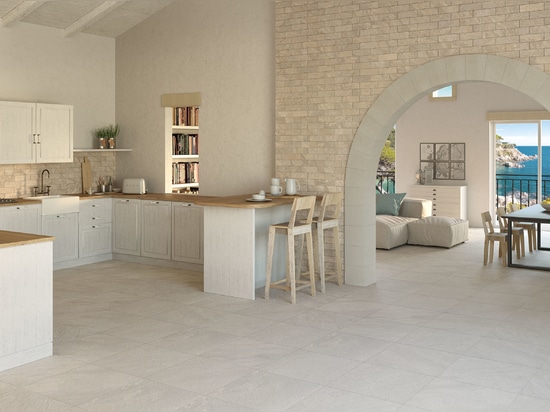 Flooring: Petra Perla - Coverings: Brickworks Muretto Petra Sabbia