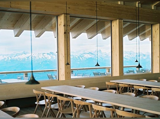 konstantin grcic's B chair furnishes herzog & de meuron's swiss mountaintop restaurant