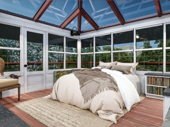 bedroom with a smart glass roof