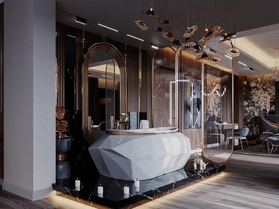 An open space deluxe bathroom, granting an even wider sense of the space, the Diamond bathtub takes centre stage. A true statement piece for a statement project. The lighting pieces offer this spac...