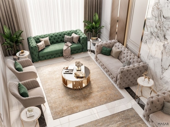 The third living area follows the same design style while incorporating a vibrant pop of green. This clever infusion of colours adds a fresh and invigorating touch, infusing the space with energy a...