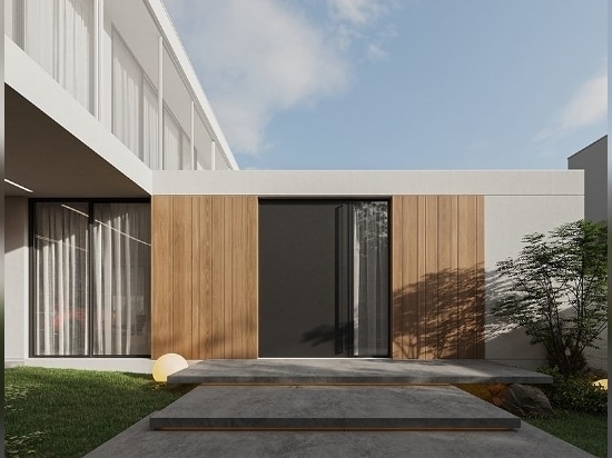 the milky-colored facade plaster is complemented by the texture of natural wood