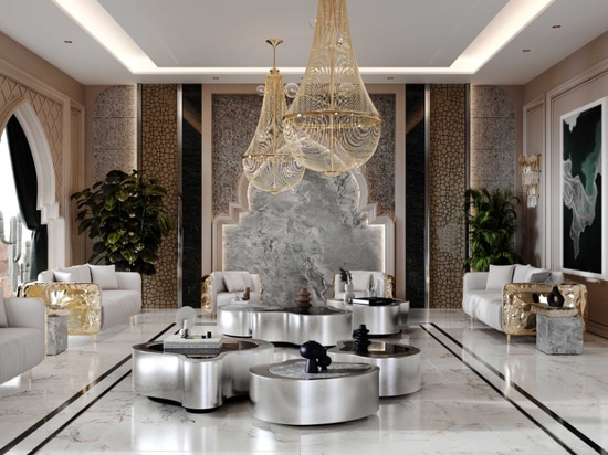 Step into a realm of Arabian enchantment as you enter this majestic majlis, combining traditional Arab architecture with modern design. Boca do Lobo‘s Wave Center Table takes center stage in this A...