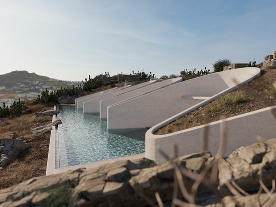 a series of recesses align with the view axis, all bordered by a water element