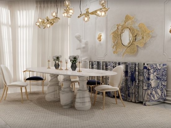 The stunning Heritage Sideboard, with its hand-painted blue tiles, combined with the unique Filigree Mirror, provides a very modern look to this dining room, with elements resembling the blue ocean...