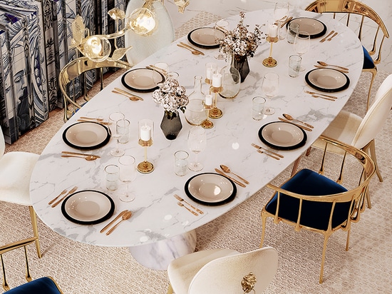 Presenting an intricate and refreshing aesthetic, this dining area has adopted the beauty of the marble accents to create a very modern and elegant modern vibe.