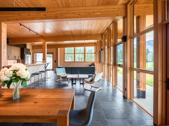 Berm House, great room, cross-laminated timber