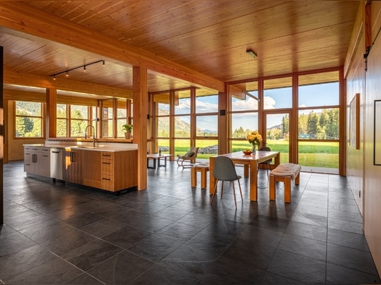 Berm House, great room, cross-laminated timber