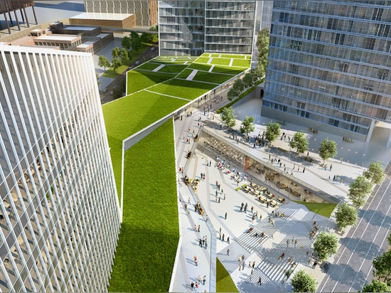 the design concept includes two green roofs that fold organically