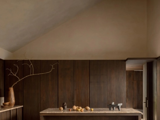 The minimalist interior of the home's social space features dark wood panelling and beige plasterwork