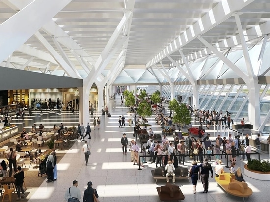 a spacious central piazza will streamline arrivals, departures, and fosters community