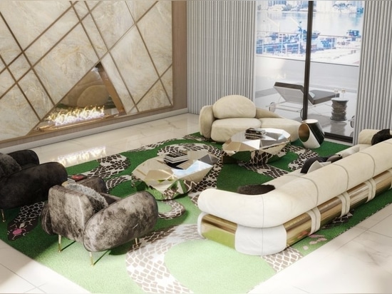 You’ll find yourself in a living room that redefines luxury and style. The focal point of this exquisite space is a vibrant green rug adorned with an intriguing snake motif, infusing the room with ...