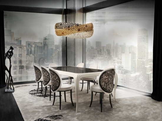 Merveille Dining Table and Chairs & Trinity Chandelier by KOKET