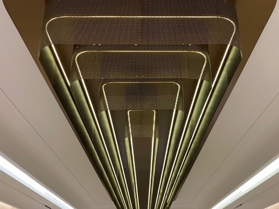 TW-1 Woven Wire Mesh in Antique Brass installed as a Ceiling Feature